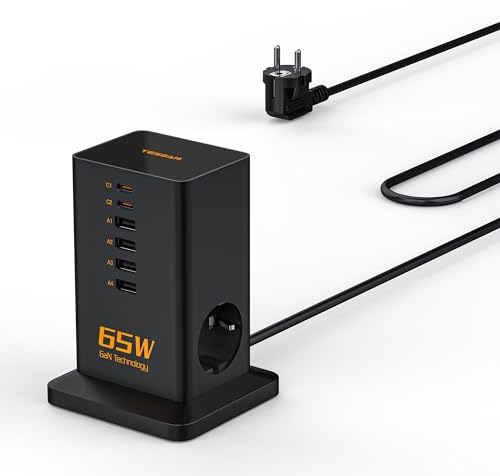 TESSAN PD 65W USB C Ladegerät Mehrfach, GaN Schnellladegerät mit 6 Ports und 2 AC Stecker, USB Ladestation Mehrfach mit 2M Kabel für Phone und Pad, Adapter für Schreibtisch, Charging Station