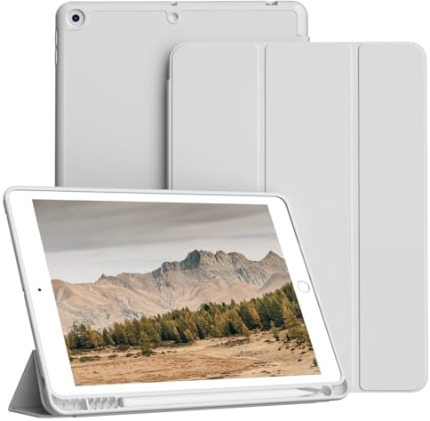 KVTVOU Hülle für iPad 9. / 8. / 7. Generatioon 2021/2020/2019 10,2 Zoll Hülle mit Stifthalter, Weiche TPU Rückseite Abdeckung, Trifold Ständer, Tragbar, Ultradünn, Auto Wachen/Schlafen, Grau