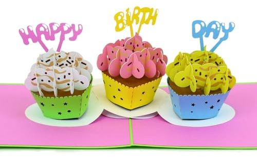 HAPPY GIFTERS Pop Up Geburtstagskarte - Geburtstags Geschenke 3D Pop Up Überraschung Handgemachte Geschenkkarten für Kinder, Männer und Frauen (Cupcakes)