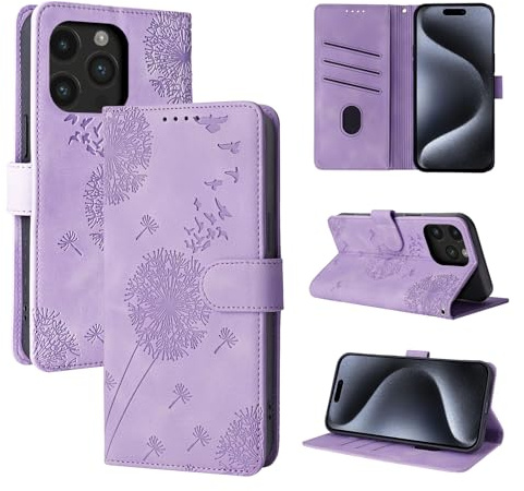 Rostsant Handyhülle für iPhone 15 Pro 6.1 Zoll Löwenzahn Violett | PU Leder Flip Case Brieftasche Tasche Hülle Magnetisch Handyhülle für iPhone 15 Pro