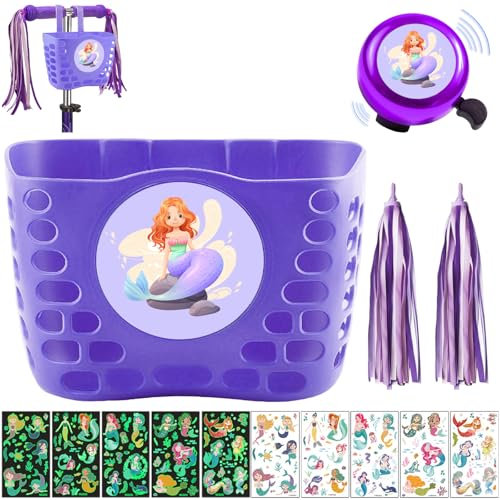 XIEXIESHER Fahrradkorb Kinder Meerjungfrau, Fahrradkorb Geflochten Kinder vorne, mit Fahrrad Quasten, Fahrradklingel, 10 Aufkleber Meerjungfrau, Fahrrad Zubehör Kinder, Geschenke für MäDchen