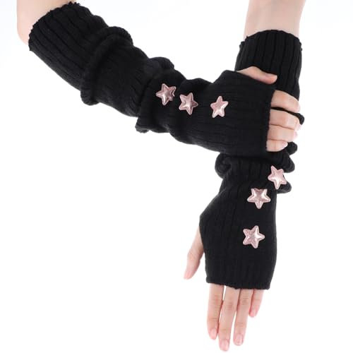 CIATBYYJ Arm Warmers Women Knit Blend Cute Y2k Harajuku Japanese Style Long Fingerless Gloves for Women Girls, Cold Weather Fsahio Arm Sleeve Thumb Hole Gloves (15.7Inch, Black)