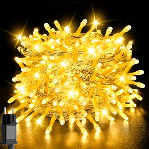 Gcstnn Lichterkette Außen Innen, 20m 200LED Weihnachten Lichterkette Strombetrieben mit Stecker Timer, 8 Modi IP65 Wasserdicht Lichterketten für Garten Weihnachtsbaum Dekoration -Warmweiß