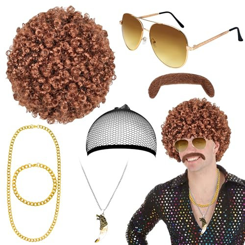 Horolam 7PCS 70s 80s Perücke Set, Afro Perücke Disco Zubehör mit Brille Schnurrbart Halsketten Perückenkappe und Armband für Disco Party (Braun)