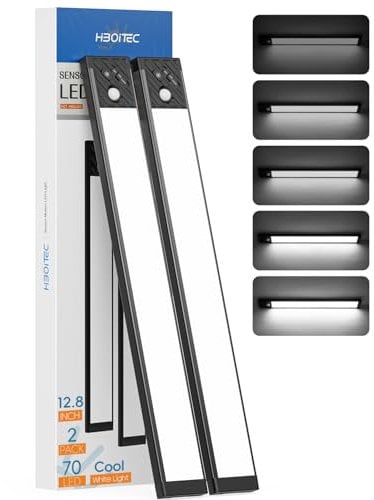 HIBOITEC Under Counter Lights, 2500mAh 32.5CM Wardrobe Lights Motion Sensor, Rechargeable Battery Operated, Dimmable Kitchen Under Cabinet Lighting, Cupboard Lamp, Cool White