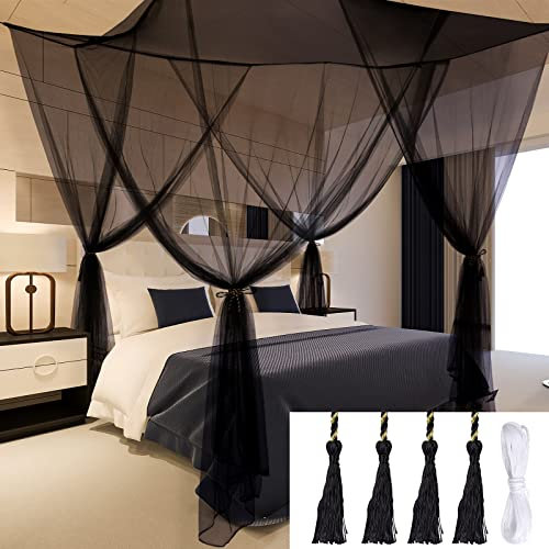 kosingna Bed Canopy Curtains 4 Doors Square Polyester Bed Net Bedroom Decoration Easy Installation for Queen/King Size with Storage Bag 190 * 210 * 240cm Black