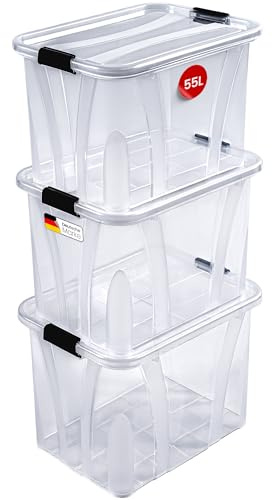 KONZEPT Aufbewahrungsbox mit Deckel (55L-3er Set), BPA-frei, robuster Verschlussclips