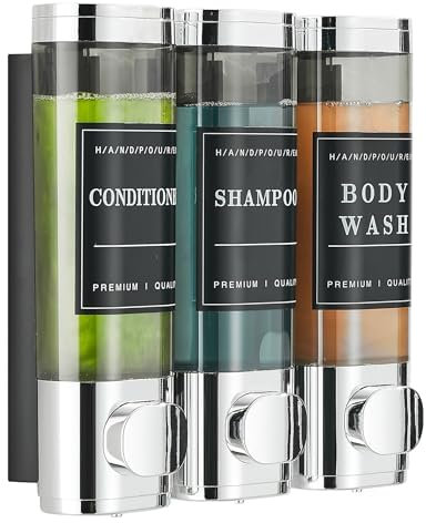 Shampoo and Conditioner Dispenser Shower Dispenser Body Wash Wall Mounted Shampoo Dispenser for Shower Wall No Drill for Bathroom Hotel 3 Chamber x 300ml Chrome with Waterproof Labels