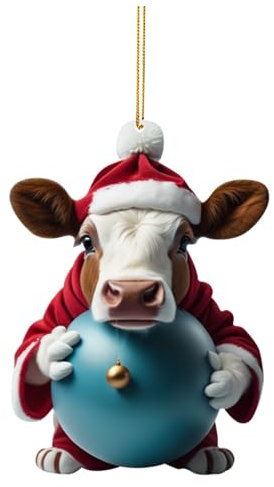 Weihnachtsbaum Anhänger, Weihnachtsbaum Deko Niedliche Kuh Hält Weihnachtskugel 2D Acryl Anhänger Weihnachtlicher Baumschmuck Personalisiert für Baum Wandfenster Tür Urlaub Party