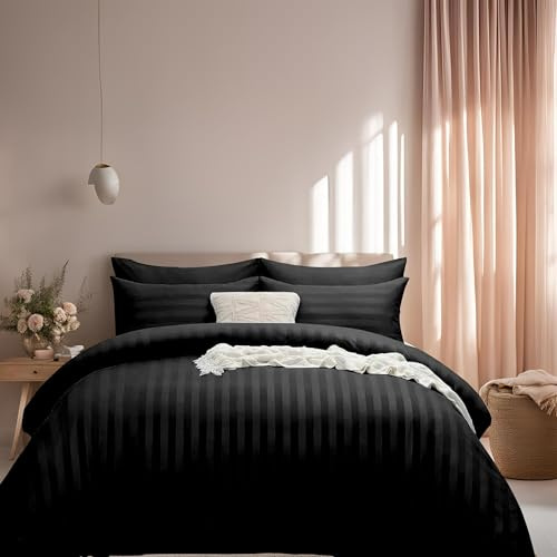 J.Din Super King Size Satin Stripe Reversible Duvet Cover Sets, Black | Soft Brushed Microfiber Bedding 3 Piece Duvet Bed Set Hotel Quality Quilt Cover with 2 Pillowcases
