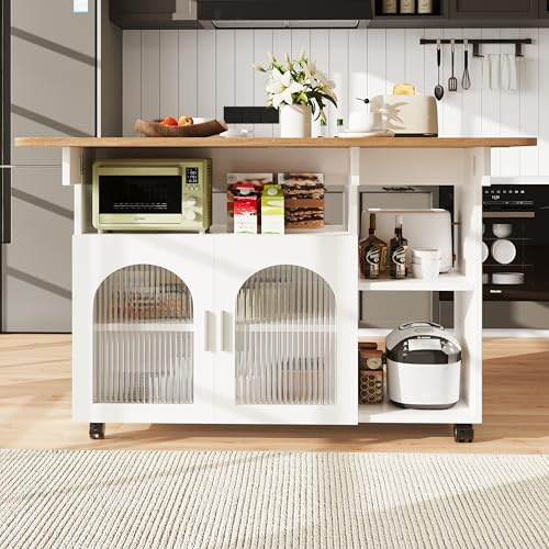 Merax Kücheninsel mit Arbeitsplatte, beweglicher Küchenwagen auf Rollen, Buffetschrank mit 2 Türen, 3 offene Schränke für Küchenhelfer & Kochzubehör, 120 x 70 x 79.5cm/Weiß