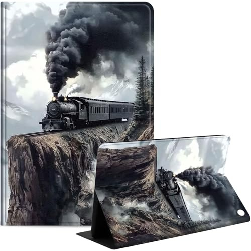 Für Amazon Fire HD 10 Tablet (7. und 9. Generation, Version 2017 und 2019), schlanke Schutzhülle aus PU-Leder mit automatischer Wake/Sleep, Multi-Winkel-Ansicht und stoßfest, Dampfzug