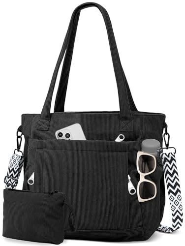 ferlord Cord Tasche Damen Groß mit 11 Taschen, Tote Bag Shopper Tasche Damen Verstellbarer Schultergurt, Strandtasche mit SBS Reißverschluss, Wickeltasche Handtasche Umhängetasche für Uni Arbeit Reise
