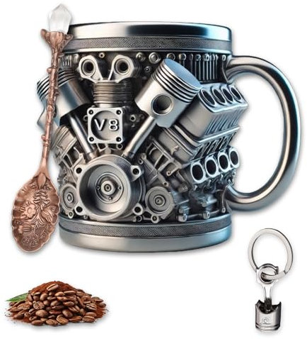 V8 Motors Tasse en acier inoxydable V8 - Tasse à café en acier inoxydable - Motif moteur 3D - Rétro - Avec 1 cuillère à feuille et 1 porte-clés - Convient pour la maison, le studio, les voyages