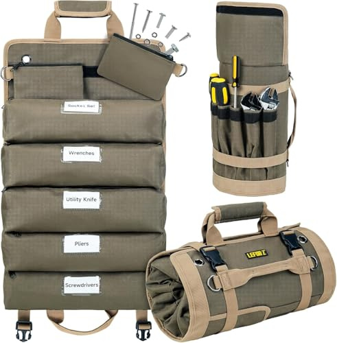 Tool Bag,Large Roll Up Tool Bag Organizer,13 Pockets Tool Roll Storage Pouch,Heavy Duty Portable Tool Storage Carrier Bag for Men,Mechanic,Electrician & Hobbyist,Olive Green