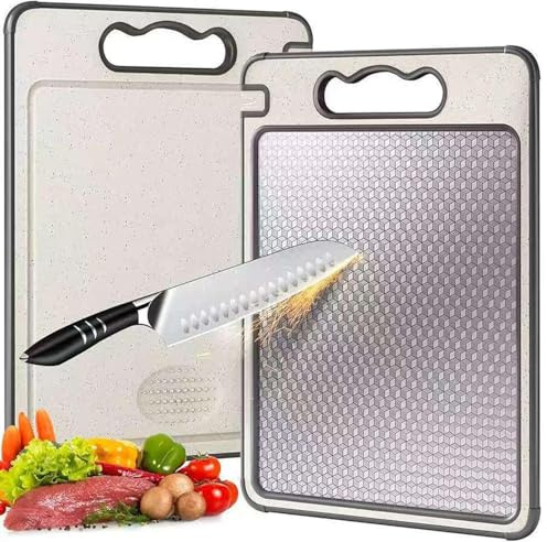LIVHOME 4 in 1 Double Sided Chopping Board, Stainless Steel & Wheat Straw Cutting Board, Non-Slip Metal Chopping Board for Meat, Vegetables & Fruits, Juice Groove Kitchen Prep Tool