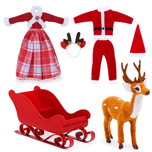 Wichtel Kleidung, Puppenkleidung Zubehör, Puppenhaus Zubehör, Puppe Weihnachten Kleidung, Wichtel Zubehör mit Schlitten, Hirschdekoration, Miniaturschal, Miniaturstirnband (A)