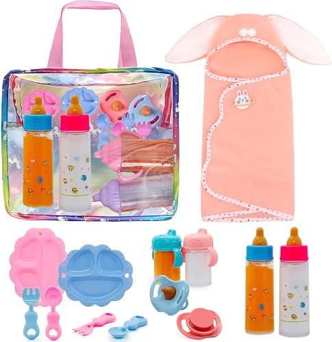Nzkeuf 8 Stück Puppenzubehör Set, Magische Flasche Puppen Zubehör, Inklusive Babyflaschen, Saftflaschen, Schnuller, Besteck, Badetücher und Aufbewahrungsbeutel, Geschenk für Mädchen ab 3 Jahren