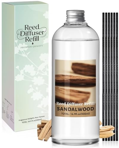 Scent-Hi Raumduft Nachfüller, Sandelholz 500ml, 6 Diffusorstäbchen | Nachfüller für Duftdiffusor, Reed Diffuser Refill, Raumbeduftung für Schlafzimmer, Badezimmer, Büro, Wohnkultur