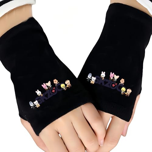 Wgewfhdf SKZ Fingerlose Handschuhe, Kpop Fanartikel, 1 Paar Trendige Strickhandschuhe in Schwarz, Perfekte Geschenkidee für Konzerte und Alltag, Modisches Winter Accessoire für Echte Stray Kids Fans