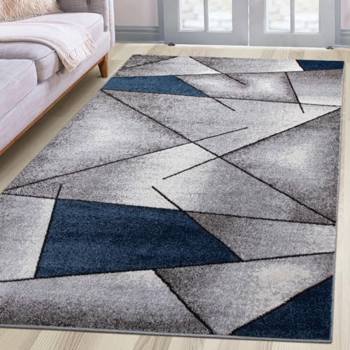 oKu-Tex Teppich Wohnzimmerteppich [140x200 cm] weicher Kurzflor grau blau - Blauer Teppich für das Wohnzimmer - Carpet Living Room - Modernes geometrisches Design - Deutsche Marke