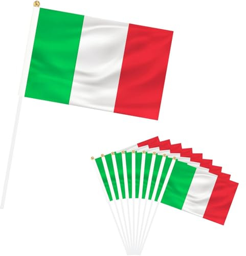 Italiane Bandiere Tenute a Mano, 15 Pcs Bandiera dell'Italia a Manovella, 14x21cm, con Palo Bianco, per Festa Nazionale, Coppa del Mondo, Decorazioni per Calcio e Feste Sportive