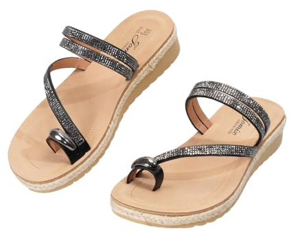 JOMIX Sandales Femme à Strass Punta Divisa Nu-pieds Compensés Tressés Confortables Respirantes Antidérapantes Élégantes Chic Style Bohème pour l'Été