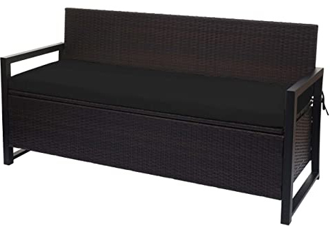 PROREGAL Poly-Rattan 3er Sitzbank | HxBxT 87x164x57cm | Gartenbank Truhenbank | Braun | Kissen Schwarz | Staufach Aufbewahrung Sitzkissen