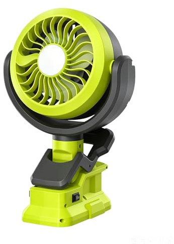 Synxiter Clip on Fan Cordless for Ryobi 18V Battery Outdoor Jobsite Fan(Green) with LED lampe Home Office Camping Workshop Construction Site Tent (No Battery)