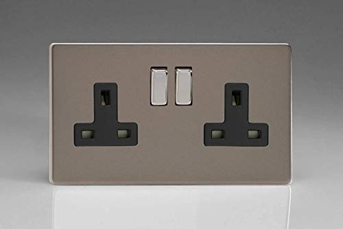 Varilight 2-Gang 13A Double Pole Switched Plug Socket with Metal Rockers Pewter XDR5BS