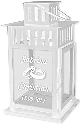 Hochzeitsgeschenk Laterne mit Gravur mit Ringe, Tauben und Herz Motiv 28x15x15cm - personalisiertes Geschenk zur Hochzeit für Brautpaare