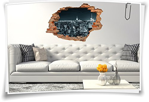 3D Wanddurchbruch Wandbild Wandtattoo Aufkleber Sticker New York City Night Skyline, 150x100cm