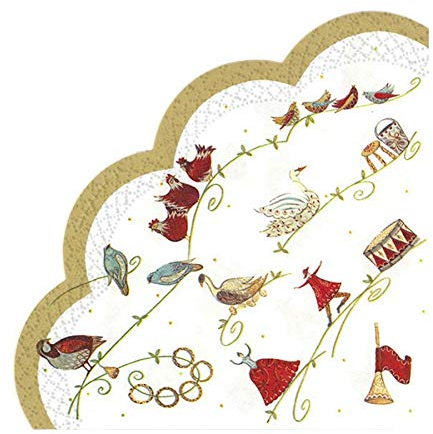 IHR Rondo Papierservietten, rund, geriffelt, japanische Motive, 12 Tage der Weihnachten, Weißgold, Weihnachtsmuster
