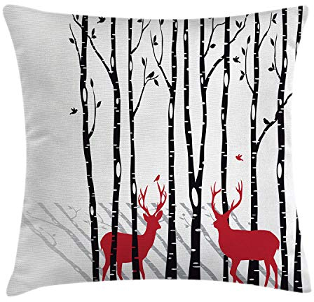 ABAKUHAUS Hirsch Kissenbezug, Deer Baum Waldvogel, Kissenhülle mit Reißverschluss Waschbar Farbfest Beidseitiger Druck, 50 x 50 cm, Schwarz und Weiß