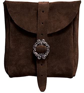 Andracor Mittelalter LARP Zubehör mittelgroße Veloursleder Gürteltasche aus echtem Leder - 15 x 15 cm - dunkelbraun