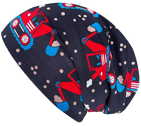 Wollhuhn ÖKO Jungen/Mädchen Autos/Fahrzeuge Long-Beanie/Wendemütze Ganzjährig Zwei Lagen Jersey Innen Uni Grau (aus Öko-Stoffen, Bio) (M, Bagger Dunkelblau/Rot)