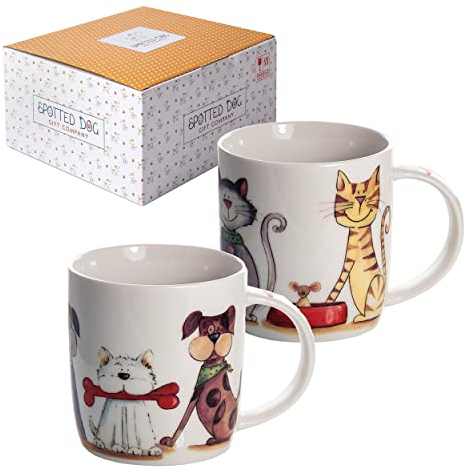 SPOTTED DOG GIFT COMPANY Mugs Set of 2 Coffee Tea Mugs, Ceramic Porcelain China Cups for Hot Drinks, Cats Dogs Animal Themed, Gifts for Dog Lovers and Cat Lovers Women Men - 350ml