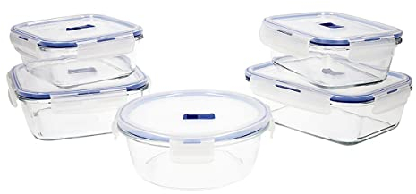 Luminarc Pure Box Active Set 5 recipientes herméticos de Vidrio, Extra Resistentes, Sin BPA, Válvula para microondas, 0,76 + 0,82 + 0,92 + (2x1,22) L