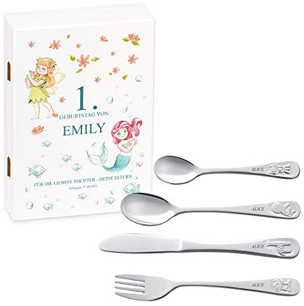 Maverton Kinderbesteck Set mit Gravur + Holzbox mit Aufdruck - mit Tieren - aus Edelstahl - Weiß - Geschenk für Mädchen zum Geburtstag zur Taufe Geburt - Sirenen