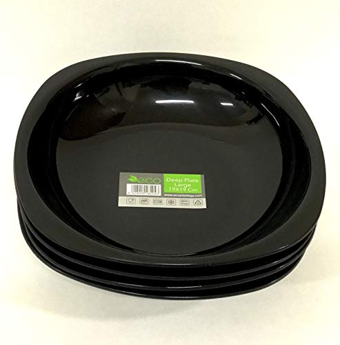 Reusable ECO Unbreakable Colourful Plastic Deep Dinner Plate Set-of-4 - Shatterproof - 100% Food Safe - Perfect for Camping, Indoors, Outdoors, and picnics (Black, Large)