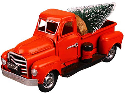 Merkts Camión rojo retro de Navidad, coche de Navidad con modelo de árbol de pino, camioneta antigua de metal, para exquisitas decoraciones de escritorio para el hogar