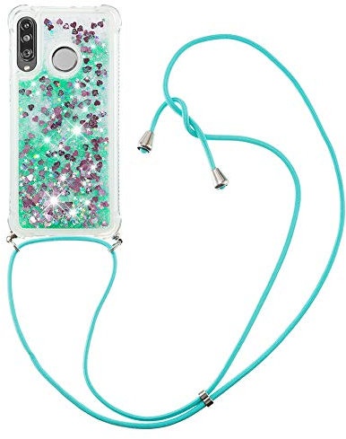 MRSTER Handykette Kompatibel mit Huawei P30 Pro, Glitzer Flüssig Bewegende Treibsand Handyhülle mit Necklace mask Lanyard Schutzhülle für Huawei P30 Pro. LP Love Green