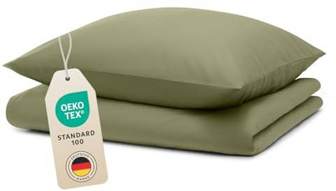 Blumtal Bettwäsche 155x220cm + 50x80cm Kopfkissenbezug - Oeko-TEX zert. Mikrofaser Bettwäsche Set - Mikrofaser Bettbezug bis 95 °C - Deckenbezug + Kissenbezug 2-teilig - Duvet Cover Light Olive Grün