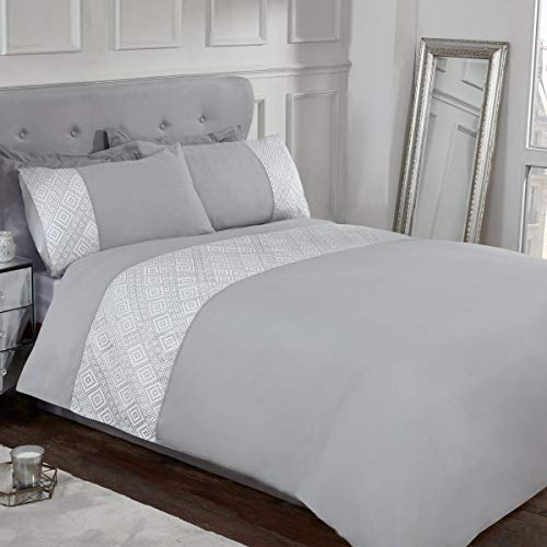 Sleepdown 3D Geometric Duvet Cover with Pillowcase Luxury Lurex Jacquard Cuff Panel Band Grey Soft Easy Care Polycotton Duvet Single Size (135cm x 200cm)