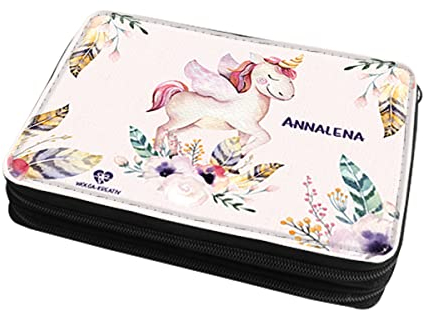 wolga-kreativ Federmäppchen gefüllte Federtasche Mäppchen Federmappe Einhorn Federn Mäppchen Stiftemäppchen für Mädchen mit Namen personalisiert Bedruckt Schlampermäppchen