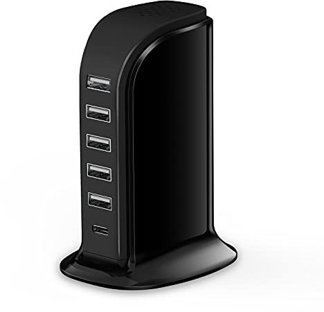 KEEPXYZ USB Charger, USB Charging Hub 40W 6-Port, Desktop Charging Station with Multi USB Port, USB Charging Block for iPhone/iPad/Galaxy Tablets Smartphones, Charging Dock with Smart Flow Black