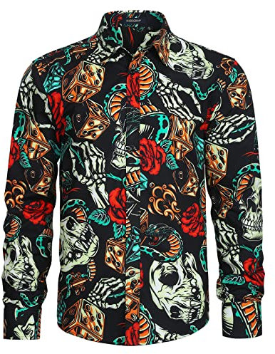 HISDERN Mens Floral Casual Shirts Long Sleeve Fancy Funky Dress Shirt Button Down for Festival Party XL Black/Orange