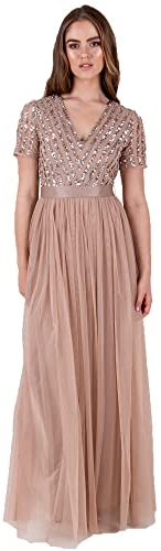 Maya Deluxe Damen Maxi Abendkleid Hochzeit V-Ausschnitt Brautjungfernkleid Empiretaillierung Elegantes Abschlussball Bridesmaid Dress, Taupe Blush, 48