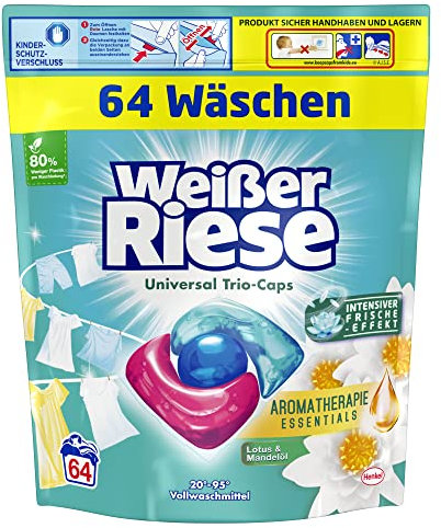 Weißer Riese Universal Trio-Caps Aromatherapie Essentials (64 Wäschen), Waschmittel mit Lotus & Mandelöl, Vollwaschmittel mit ätherischen Ölen und intensivem Frische-Effekt