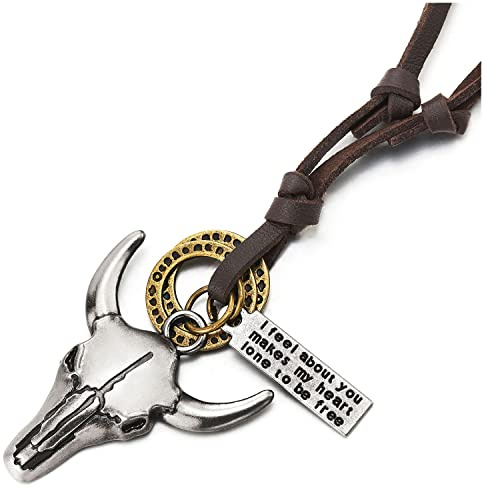 COOLSTEELANDBEYOND Unisex Herren Damen Vintage Stier Kopf Kreise Anhänger Halskette mit Verstellbaren Braun Lederband